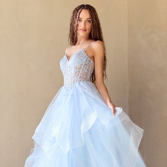 NEW FORMAL FLORAL EMBELLISHED BALL GOWN W/ V-NECKLINE & SHEER BODICE AC 5068 - Picture 3 of 11